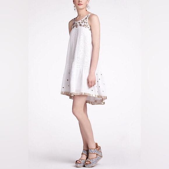 Anthropologie 2 Leifnotes high tea dress white eyelet gold beading - Picture 1 of 9